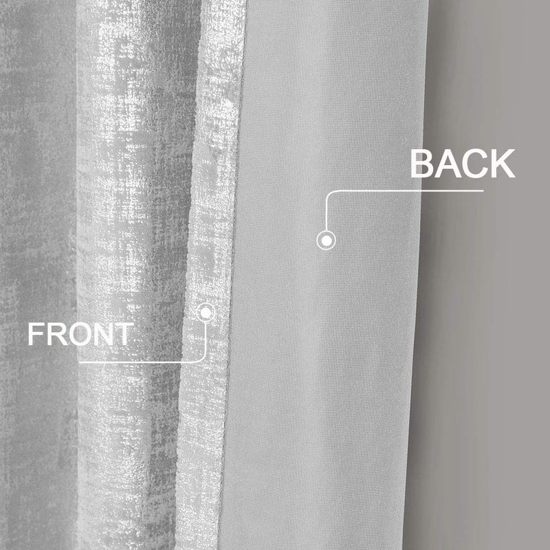 always4u Soft Velvet Curtains 84 Inch Length Luxury Bedroom Curtains Silver Foil Print Window Treatments for Living Room Set of 2 Silver - Image 3